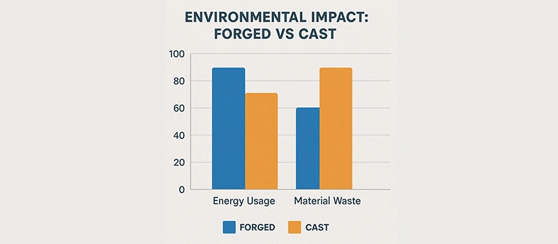 Dalian Zhongsheng metal products bar graph comparing energy usage and material waste in forged vs cast processes